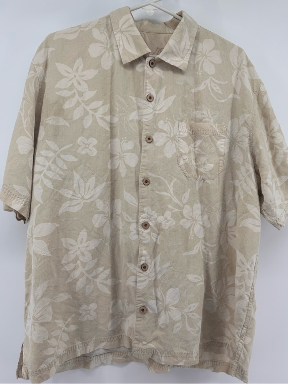 Tommy Bahama Silk Shirt XL Beige Floral Hawaiian Button Down